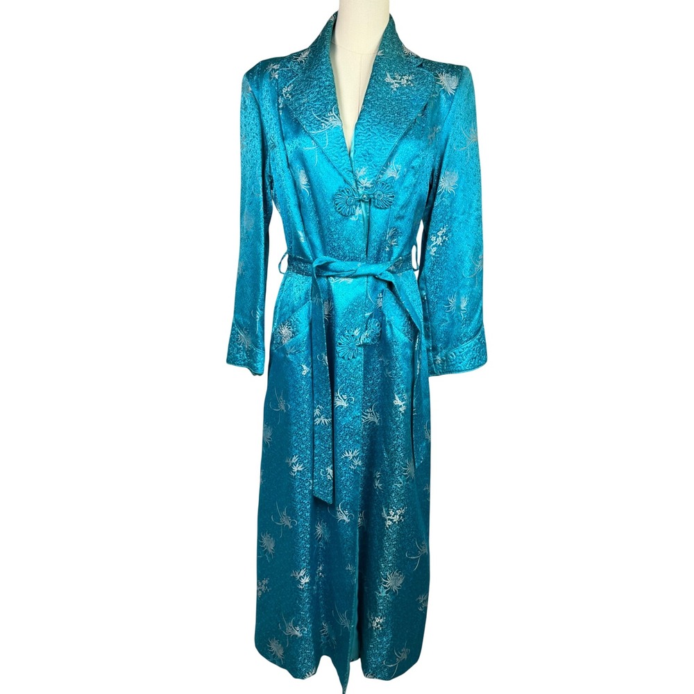Vintage Teal Blue Satin Brocade Robe Floral Crane Frog Button Duster Full Length